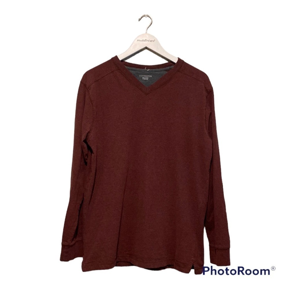 Covington Mens heathered Maroon V-neck Henley Long Sleeve Shirt | Medium